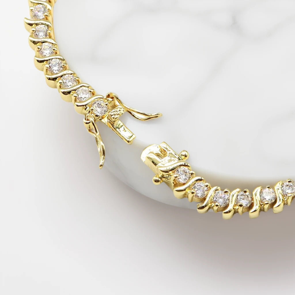 S-Shape Lab Diamond Tennis Bracelet | 14K & 18K Yellow or White Gold | Elegant Round Diamond Bracelet | Custom Length