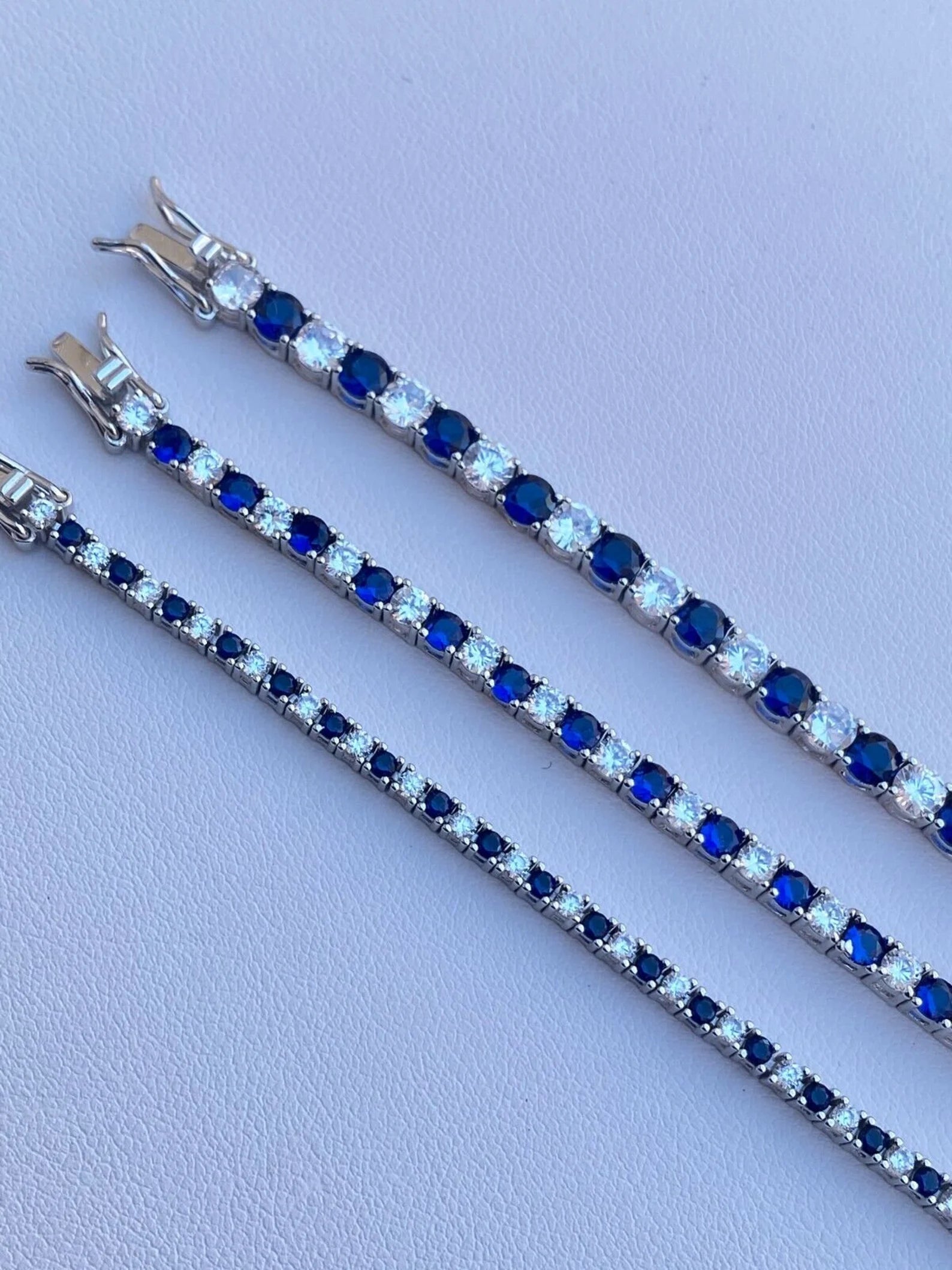 Women's Girl's SOLID Gold 14KT  Iced Out Tennis Bracelet Single Row Simulated Diamond & Blue Sapphire 6"-8.5", 2mm, 3mm, 4mm