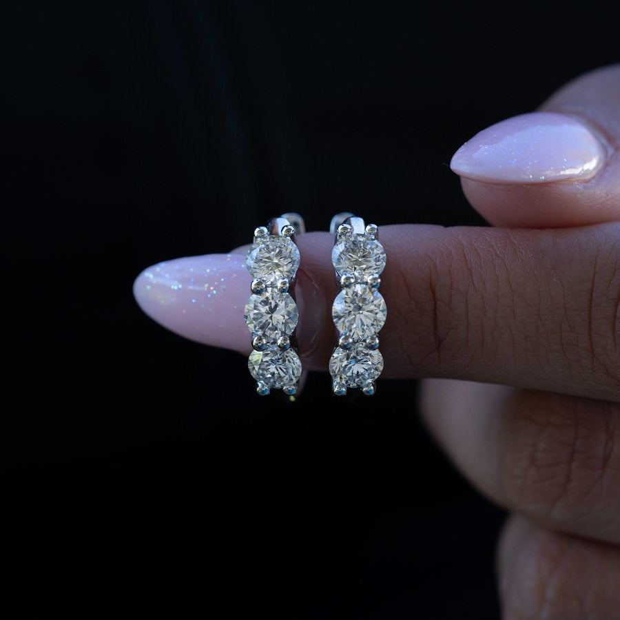 14K White Gold Lab-Created Diamond 3 Stone Huggie Earrings (3 CT TW)