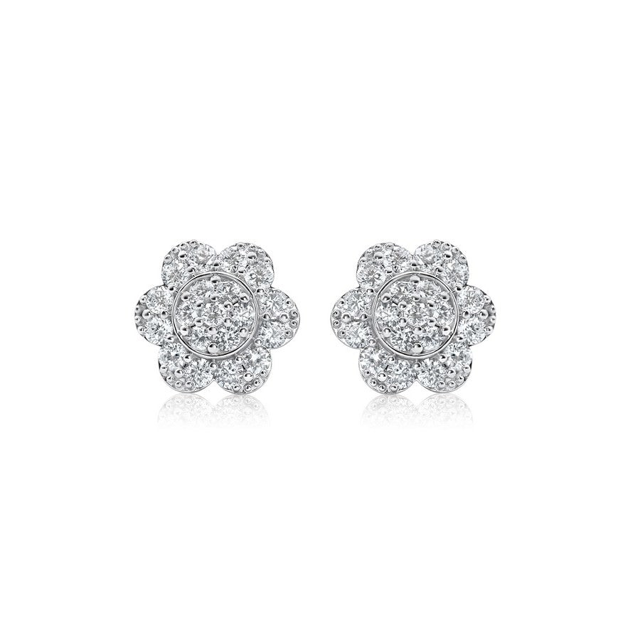 14K White Gold Lab-Created Diamond Flower Screwback Stud Earrings (1 CTW )
