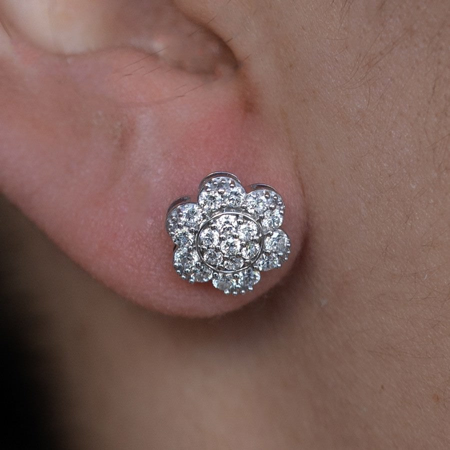 14K White Gold Lab-Created Diamond Flower Screwback Stud Earrings (1 CTW )