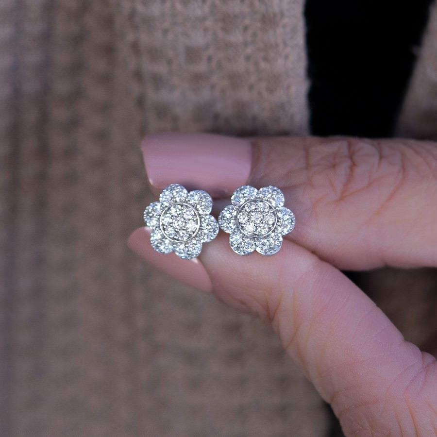 14K White Gold Lab-Created Diamond Flower Screwback Stud Earrings (1 CTW )