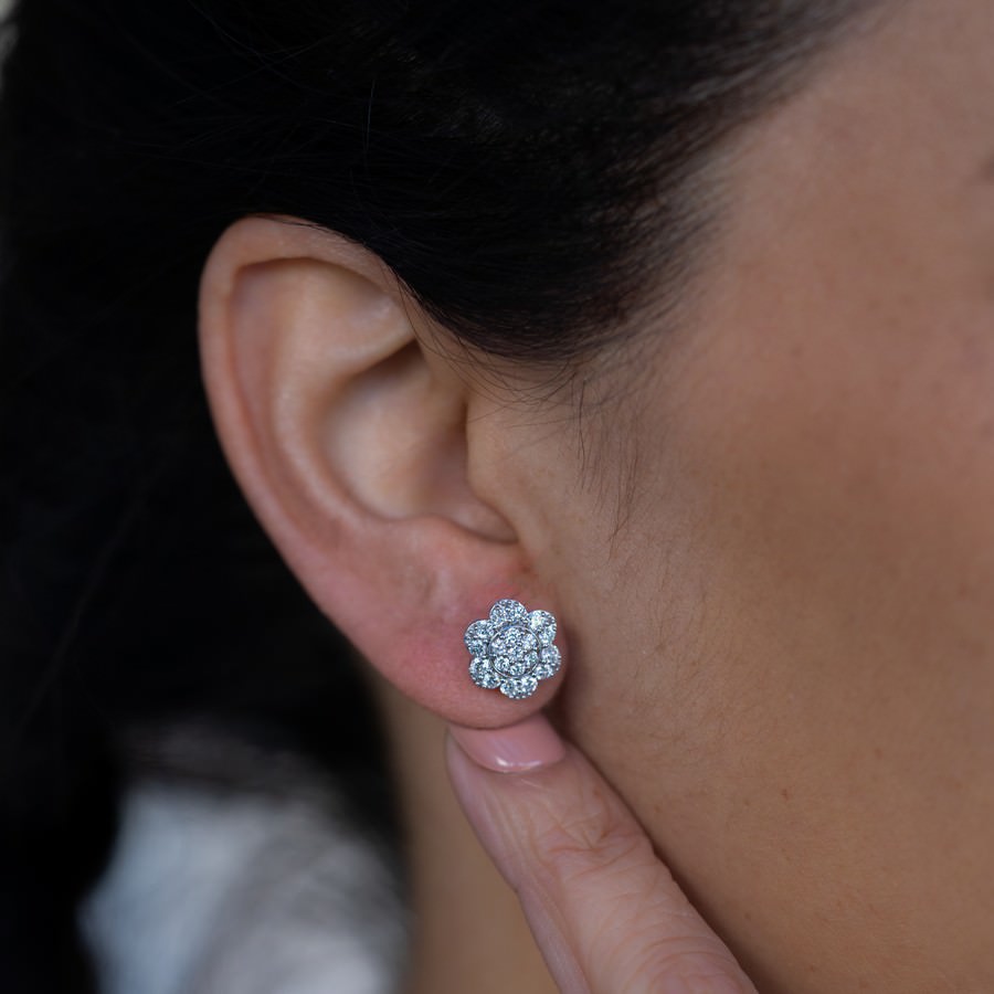 14K White Gold Lab-Created Diamond Flower Screwback Stud Earrings (1 CTW )