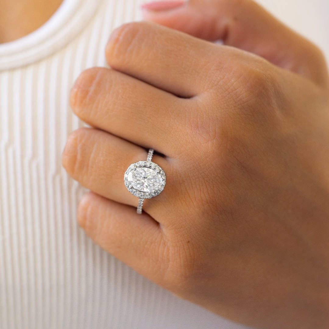 14K White Gold IGI Certified Lab-Created Diamond Oval Shape Halo Pave Ring (2 CTW F VS)