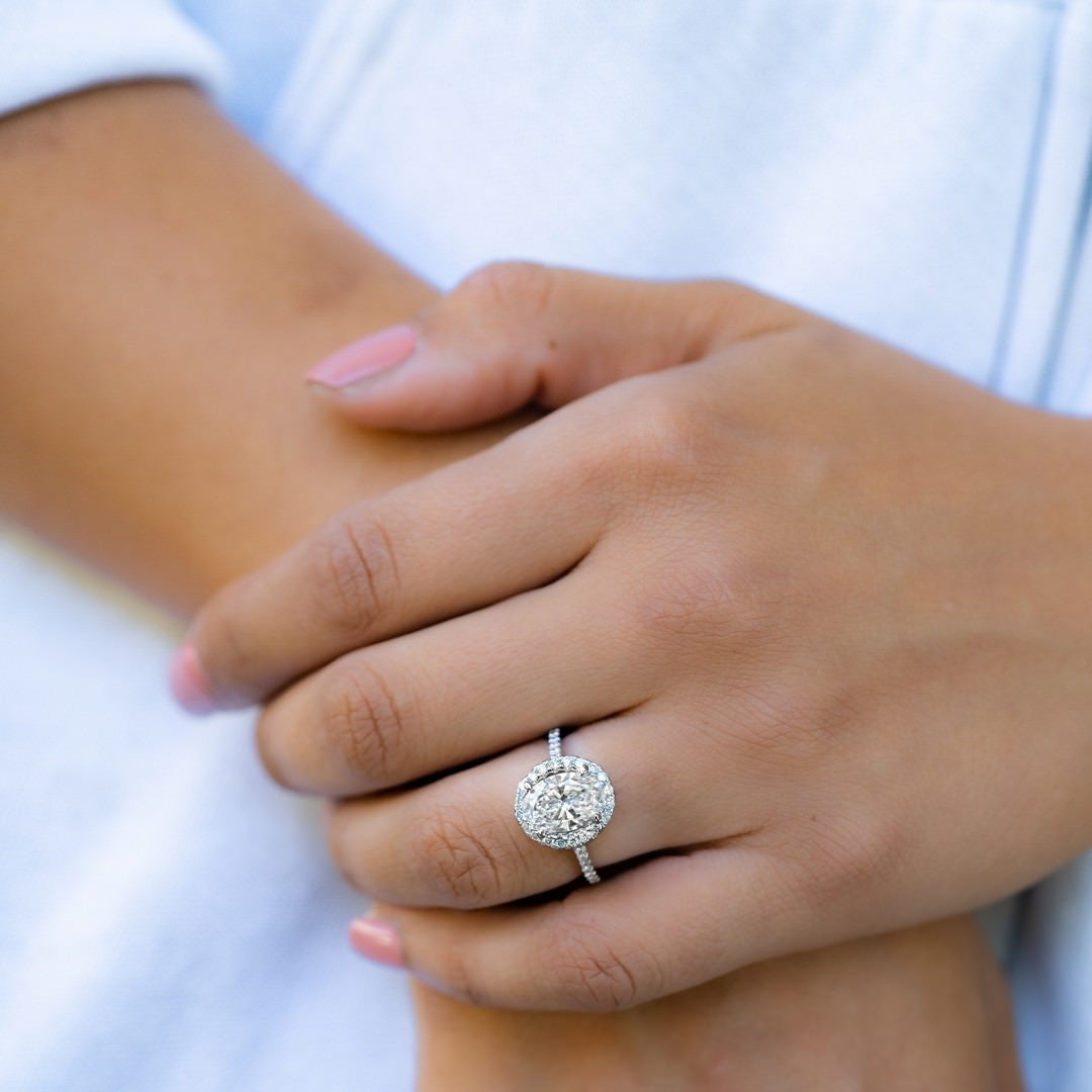14K White Gold IGI Certified Lab-Created Diamond Oval Shape Halo Pave Ring (2 CTW F VS)