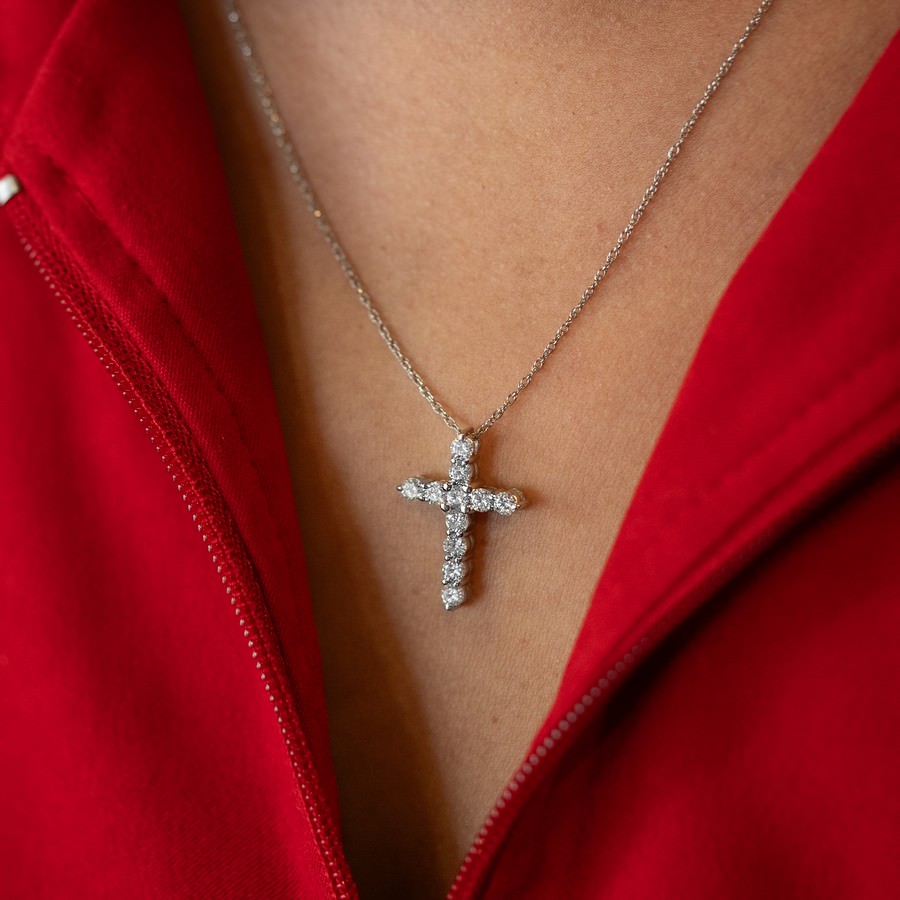 14K White Gold Lab-Created Diamond Cross Necklace (1 CTW )