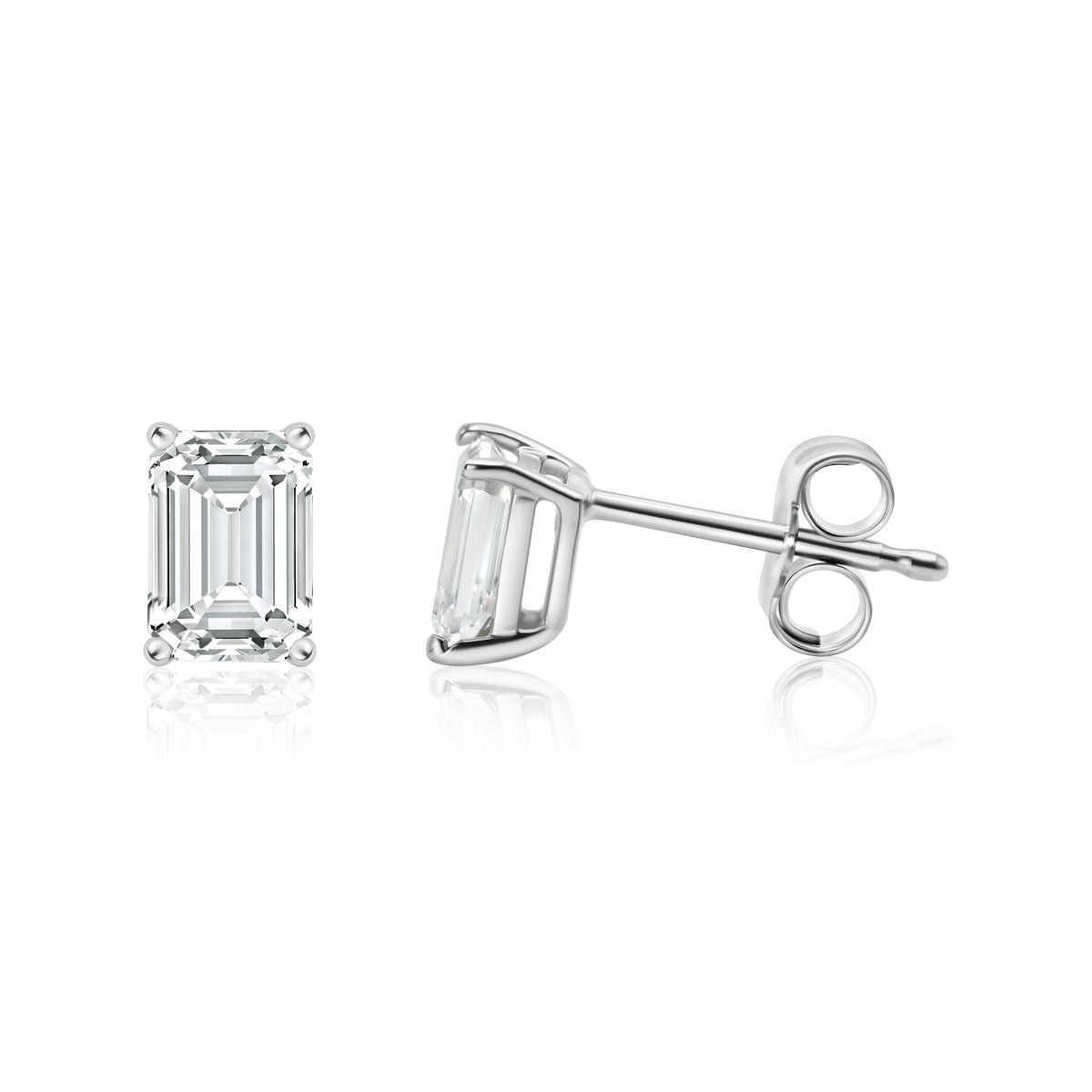 14K White Gold Emerald Lab-Created Diamond 4-Prong Pushback Stud Earrings (1 CTW F-G SI)