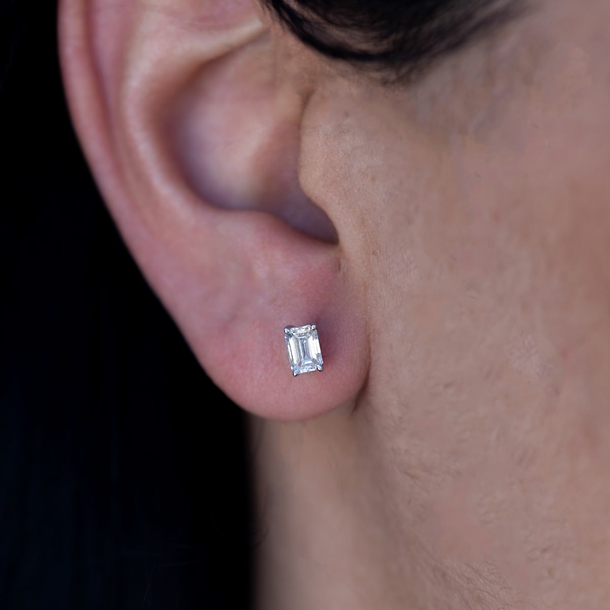 14K White Gold Emerald Lab-Created Diamond 4-Prong Pushback Stud Earrings (1 CTW F-G SI)