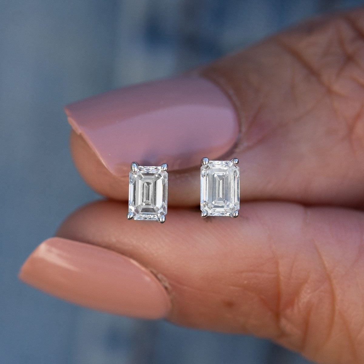 14K White Gold Emerald Lab-Created Diamond 4-Prong Pushback Stud Earrings (1 CTW F-G SI)