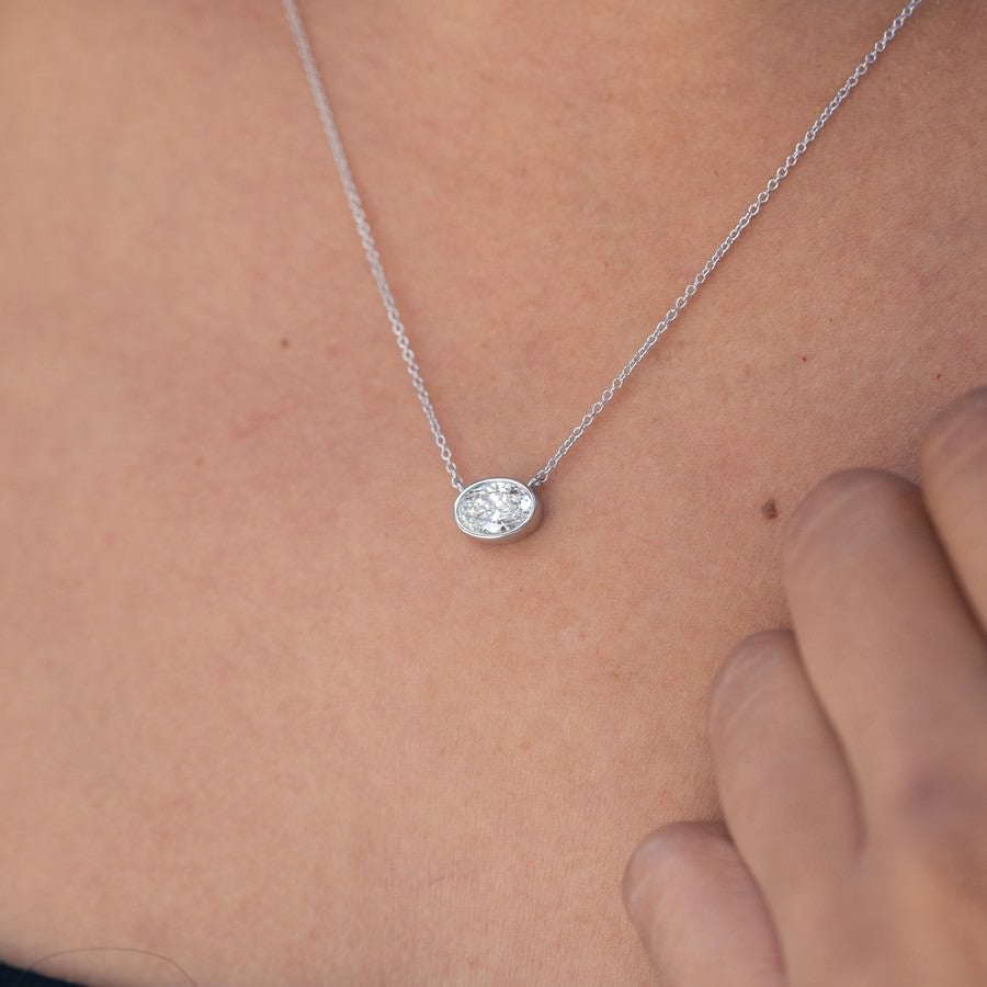 14K White Gold IGI Certified Oval Lab-Created Diamond Bezel Pendant Necklace (1 CTW F VS)