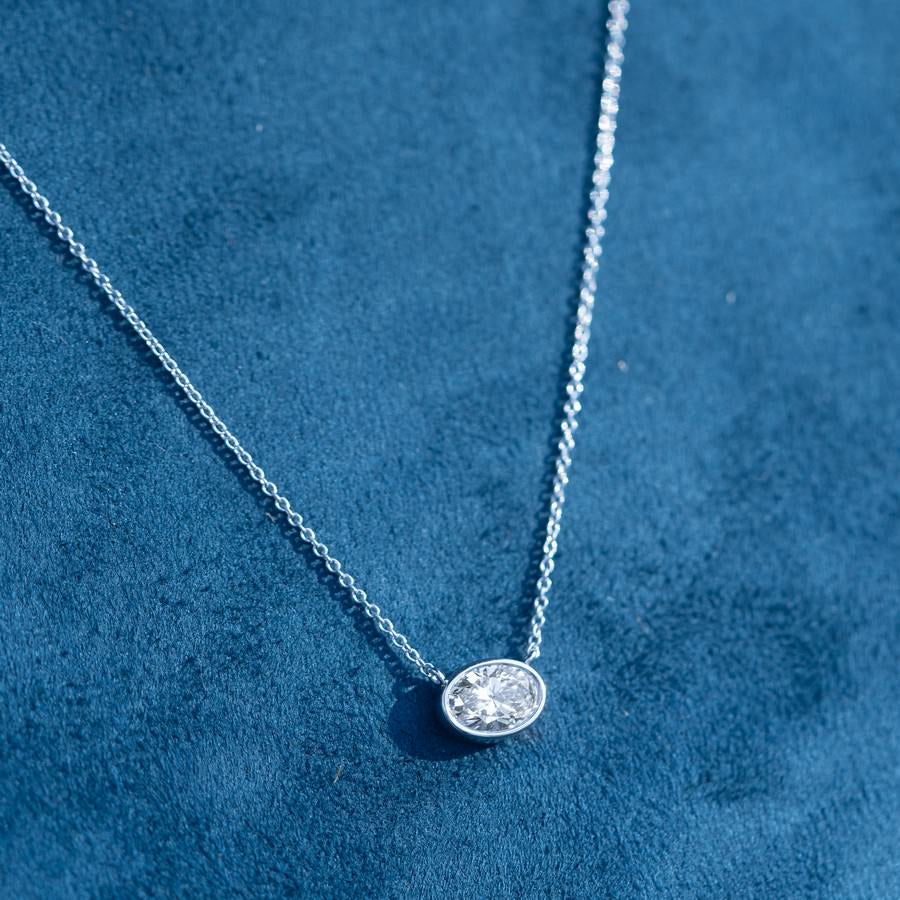 14K White Gold IGI Certified Oval Lab-Created Diamond Bezel Pendant Necklace (1 CTW F VS)