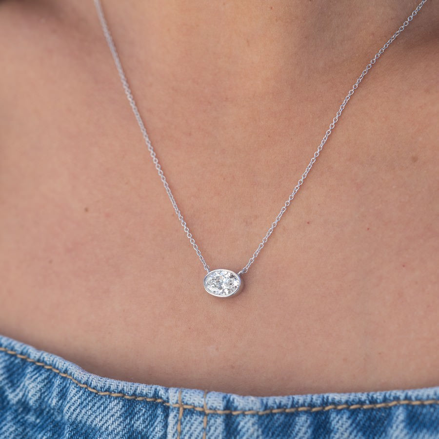 14K White Gold IGI Certified Oval Lab-Created Diamond Bezel Pendant Necklace (1 CTW F VS)