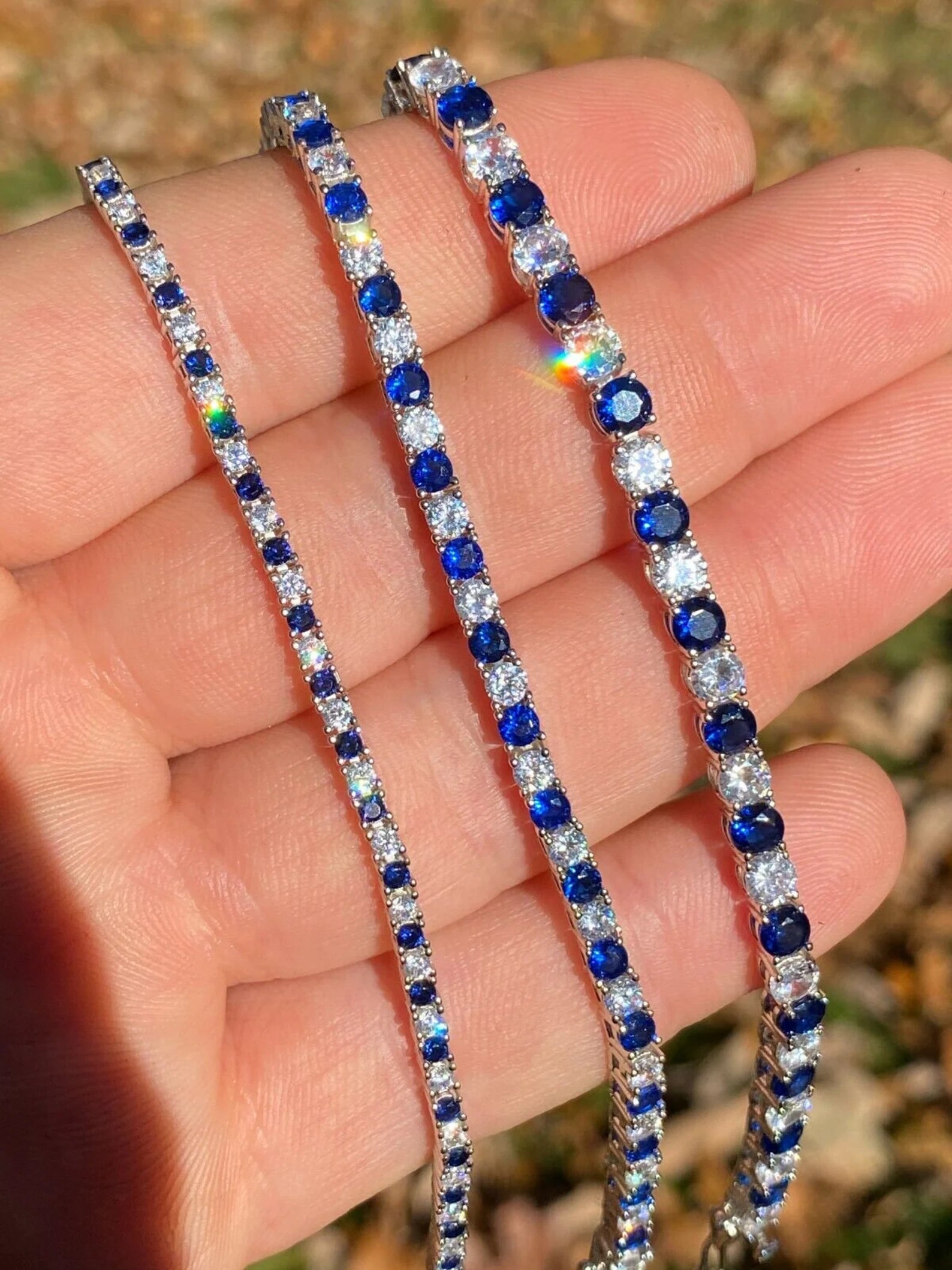 Women's Girl's SOLID Gold 14KT  Iced Out Tennis Bracelet Single Row Simulated Diamond & Blue Sapphire 6"-8.5", 2mm, 3mm, 4mm