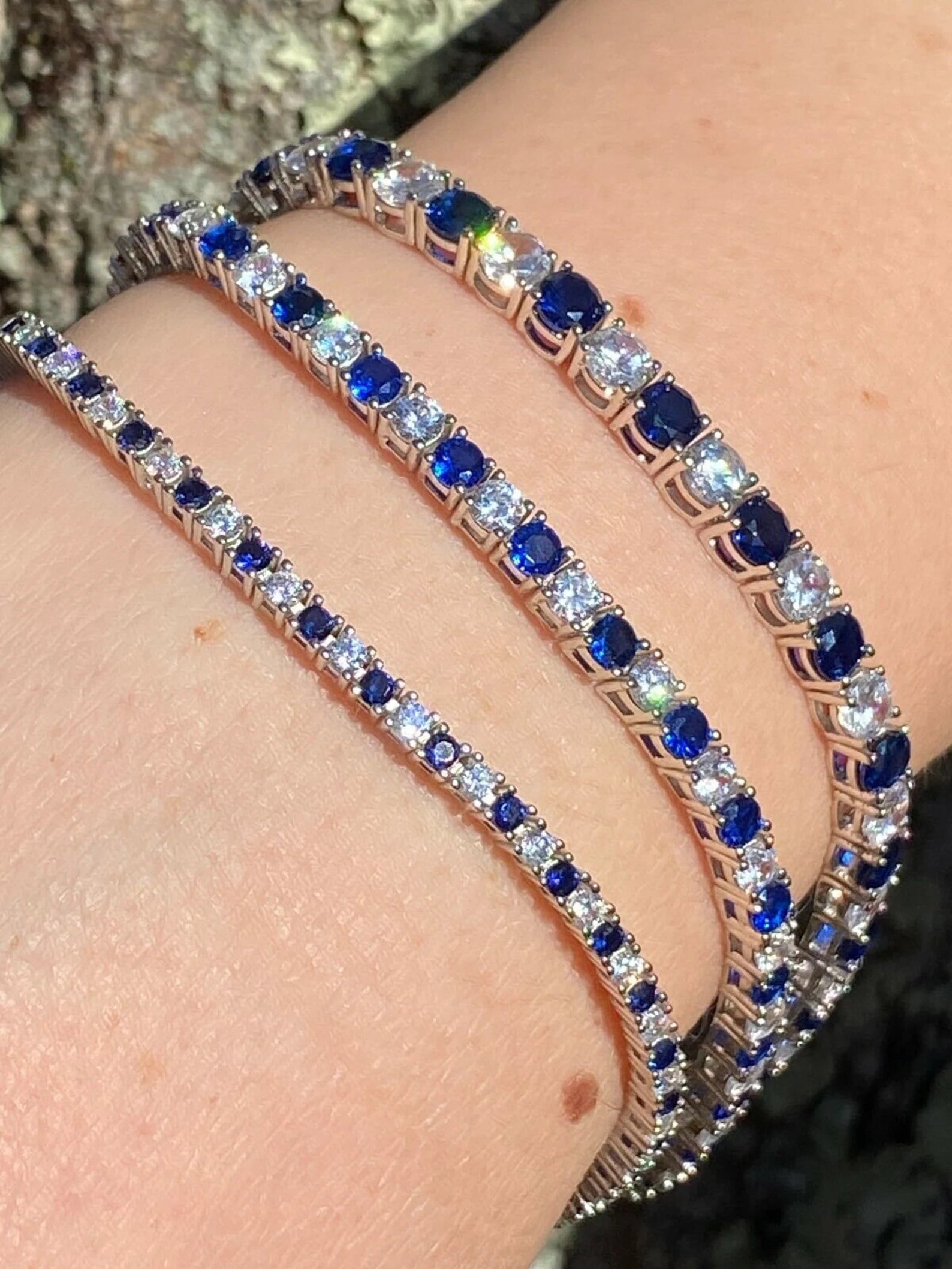 Women's Girl's SOLID Gold 14KT  Iced Out Tennis Bracelet Single Row Simulated Diamond & Blue Sapphire 6"-8.5", 2mm, 3mm, 4mm
