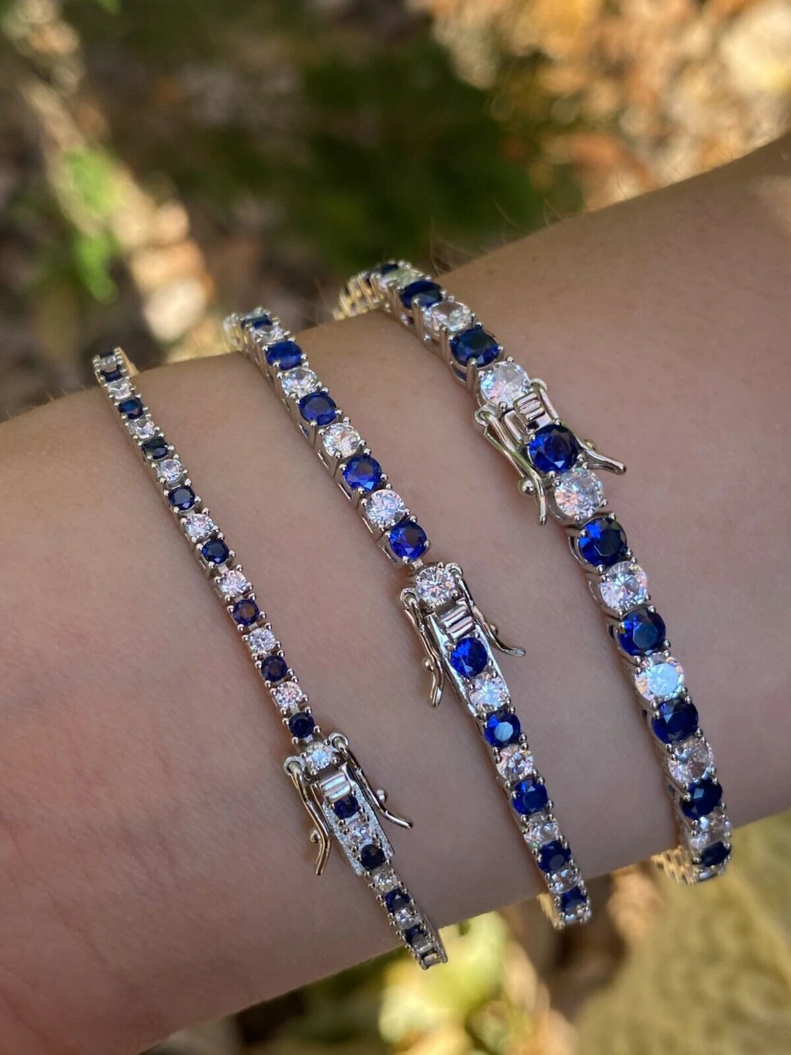 Women's Girl's SOLID Gold 14KT  Iced Out Tennis Bracelet Single Row Simulated Diamond & Blue Sapphire 6"-8.5", 2mm, 3mm, 4mm