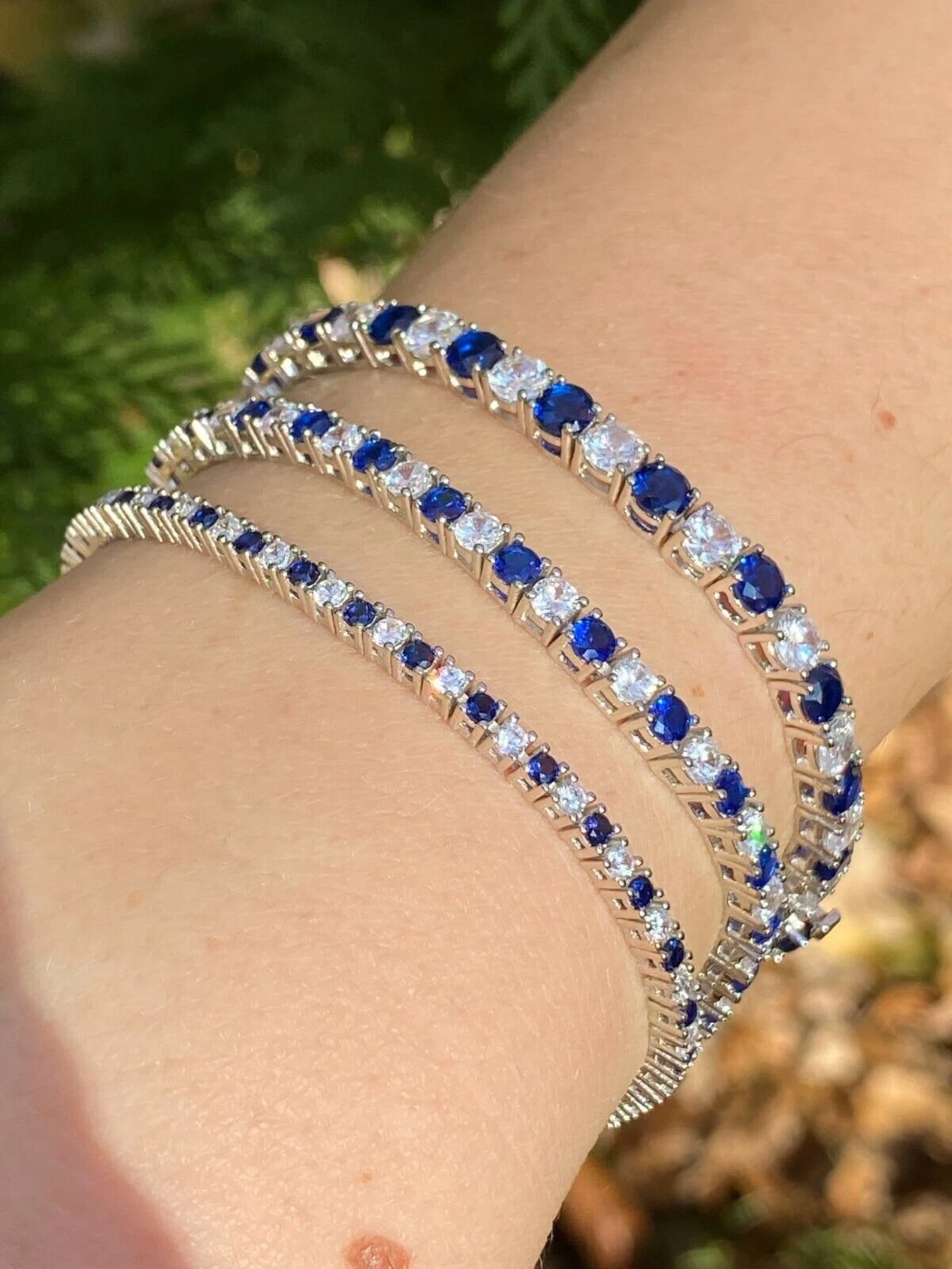 Women's Girl's SOLID Gold 14KT  Iced Out Tennis Bracelet Single Row Simulated Diamond & Blue Sapphire 6"-8.5", 2mm, 3mm, 4mm