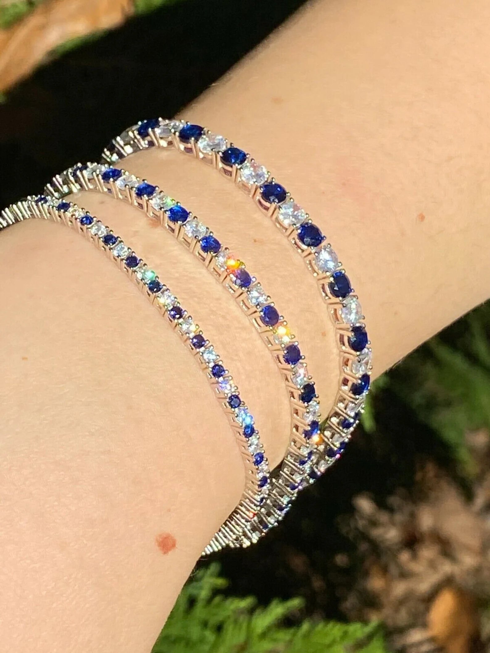 Women's Girl's SOLID Gold 14KT  Iced Out Tennis Bracelet Single Row Simulated Diamond & Blue Sapphire 6"-8.5", 2mm, 3mm, 4mm