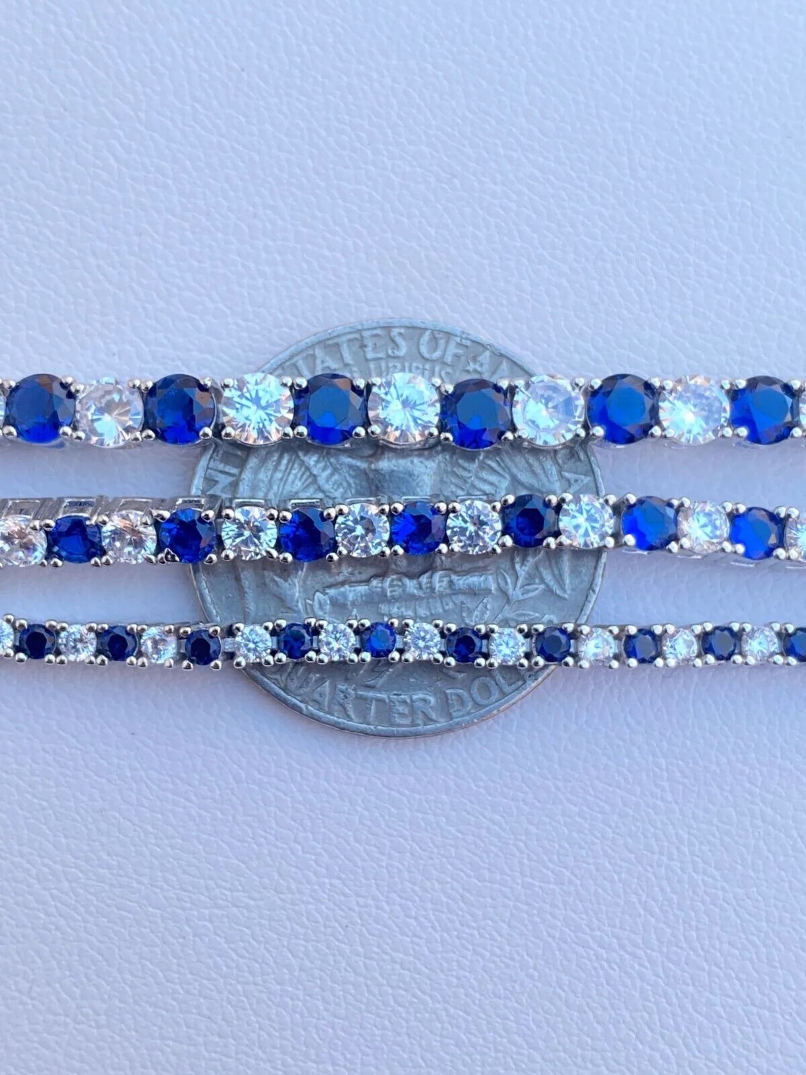 Women's Girl's SOLID Gold 14KT  Iced Out Tennis Bracelet Single Row Simulated Diamond & Blue Sapphire 6"-8.5", 2mm, 3mm, 4mm