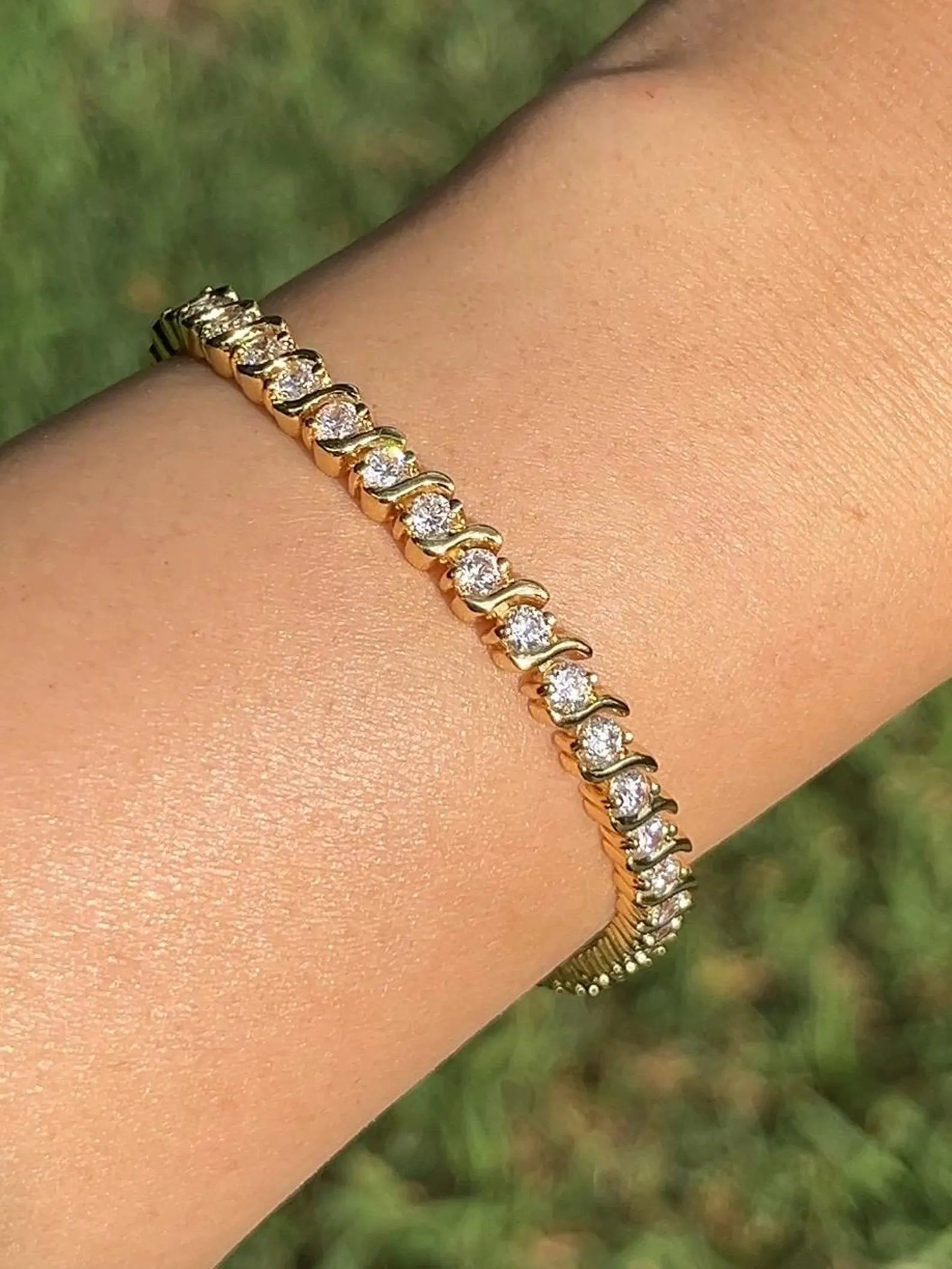 S-Shape Lab Diamond Tennis Bracelet | 14K & 18K Yellow or White Gold | Elegant Round Diamond Bracelet | Custom Length