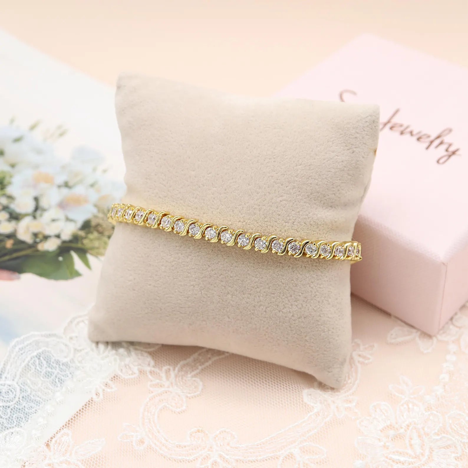 S-Shape Lab Diamond Tennis Bracelet | 14K & 18K Yellow or White Gold | Elegant Round Diamond Bracelet | Custom Length